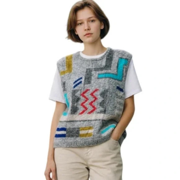 Wool Colorful Geometric Patterned Vest - Medium - Picture 1 of 13